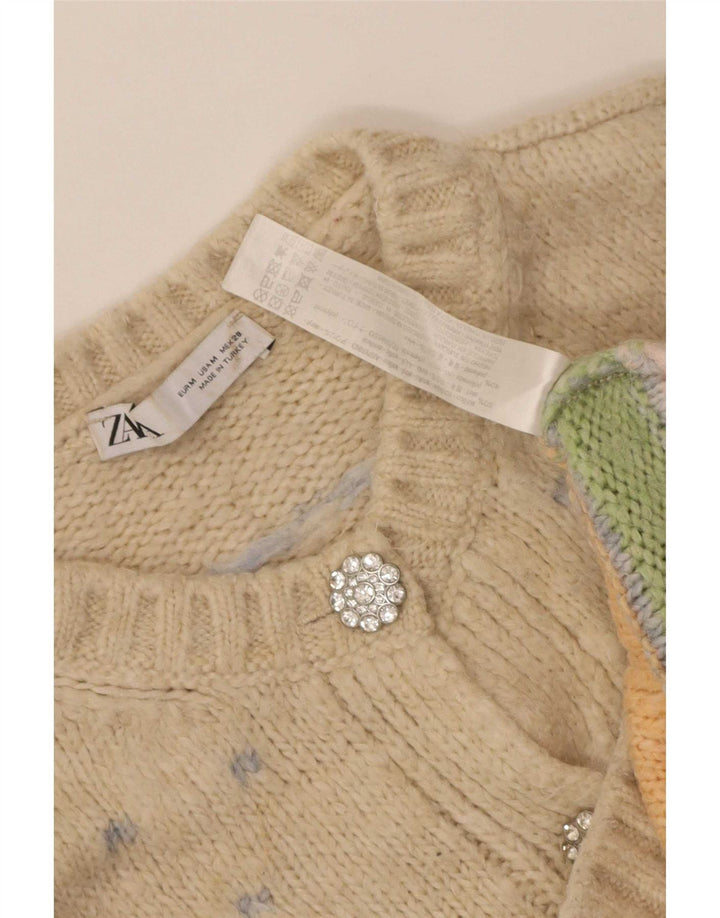 Zara Dame Oversized Cardigan Sweater UK 14 Medium Beige Geometrisk Akryl