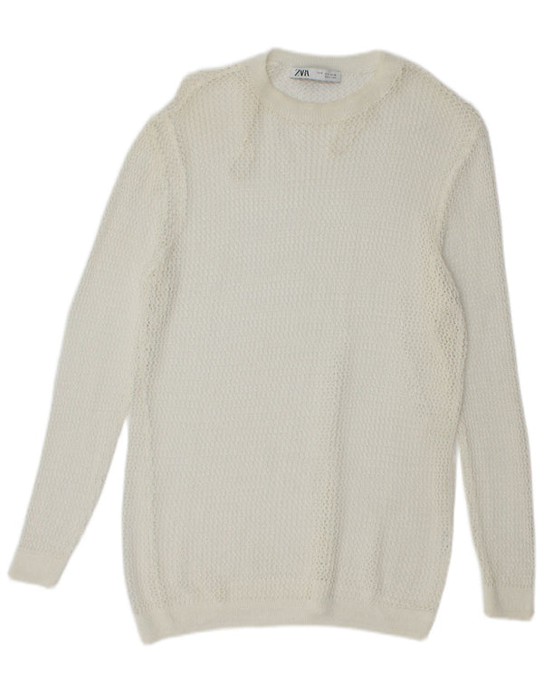 Zara Dame Oversized Hæklet Rundhals Jumper Sweater UK 10 Small White