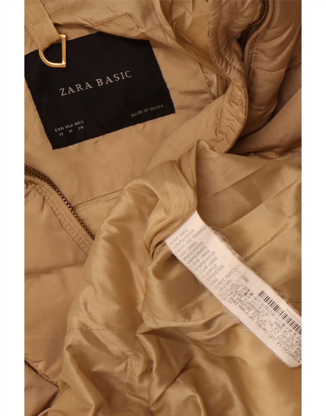 Zara Dame Hætte Polstret Frakke UK 12 Medium Beige Polyester