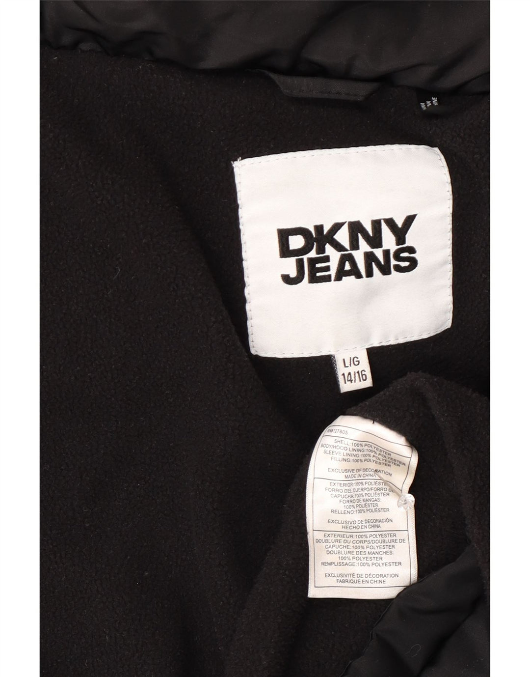 DKNY Boys Graphic Hooded Padded Jacket 14-15 Years Large Black Polyester