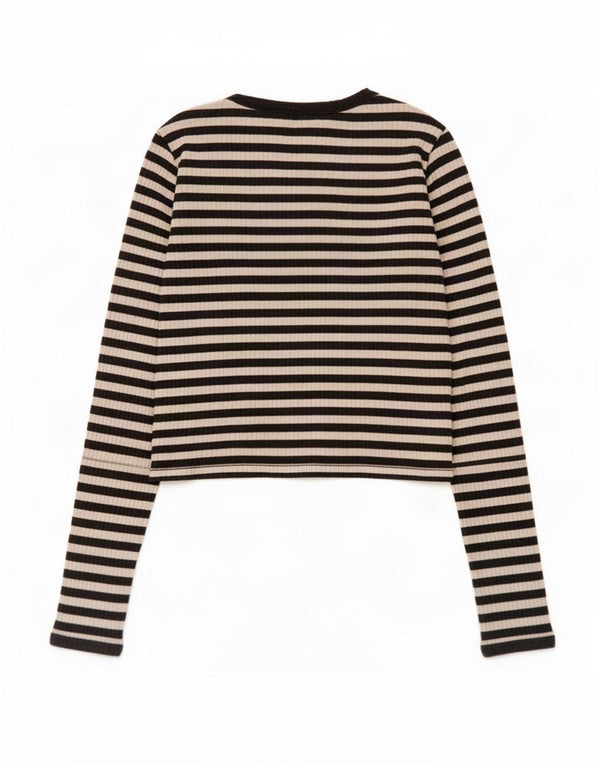 Zara Womens Crop Top Langærmet UK 8 Lille sort stribet bomuld