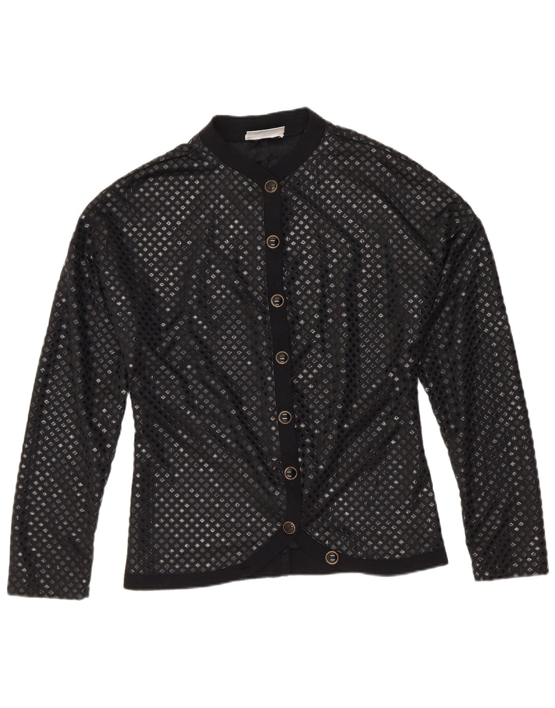 Vintage dameskjortebluse UK 12 Medium Sort geometrisk polyamid