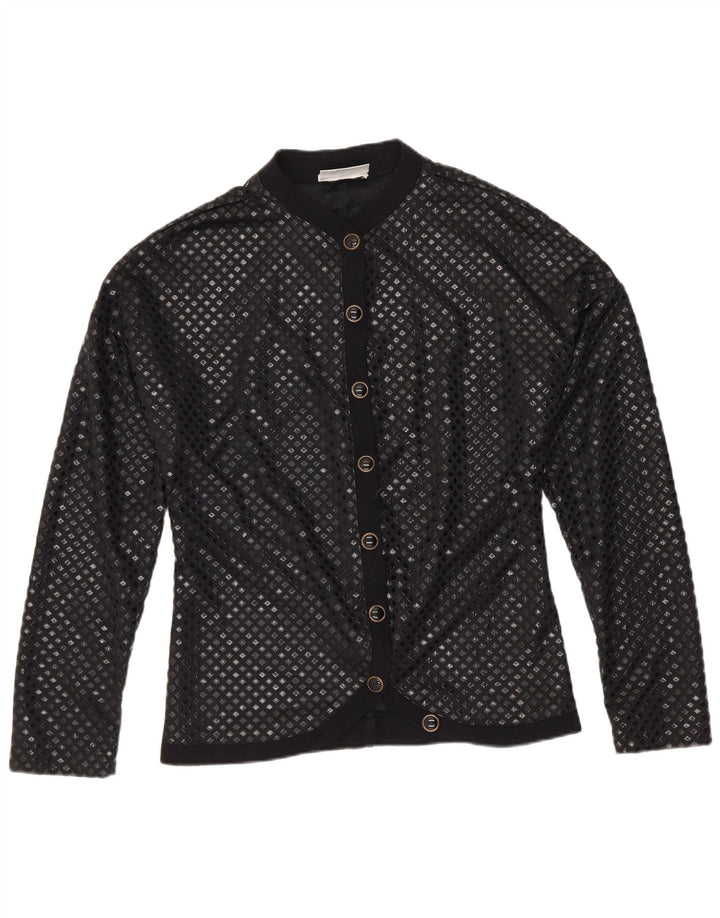 Vintage dameskjortebluse UK 12 Medium Sort geometrisk polyamid