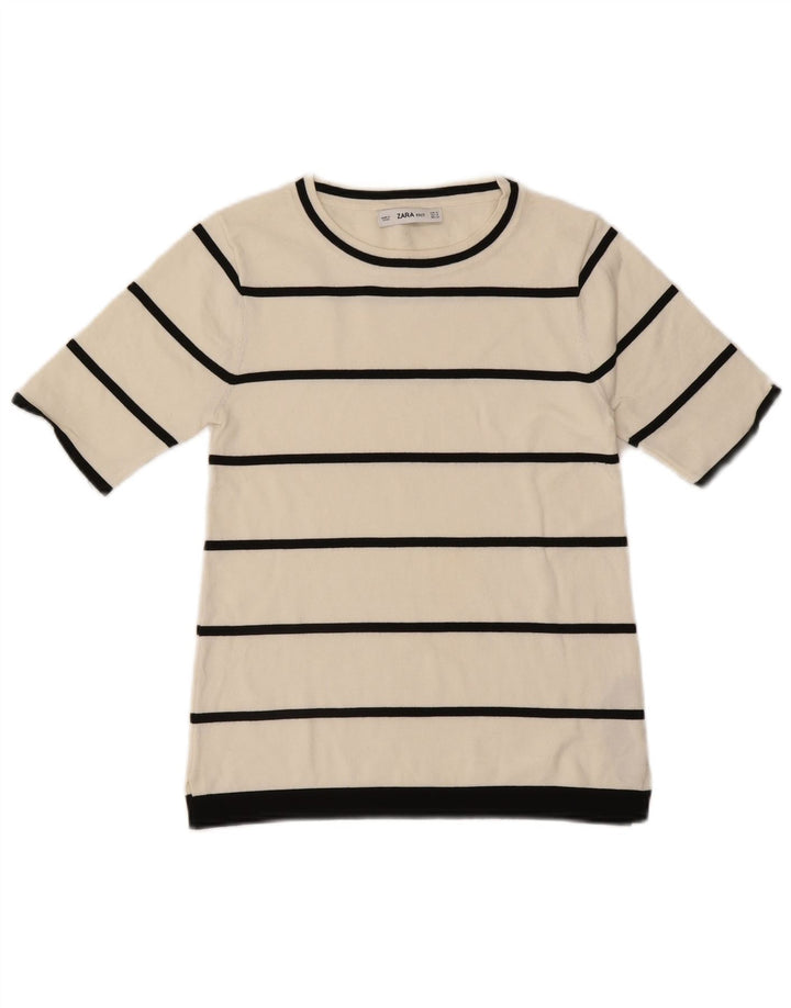 Zara T-Shirt Top UK 12 Medium Hvid Stribet Viscose