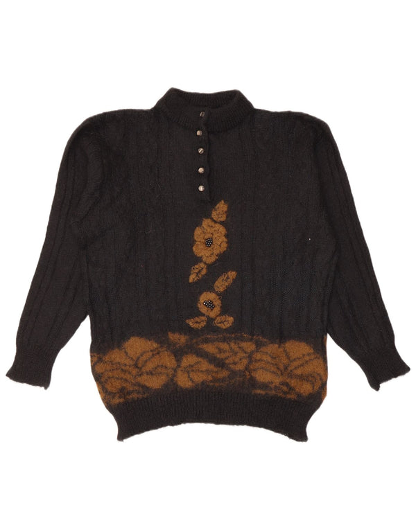 Vintage Womens Button Neck Jumper Sweater UK 16 Large Black Floral Mohair