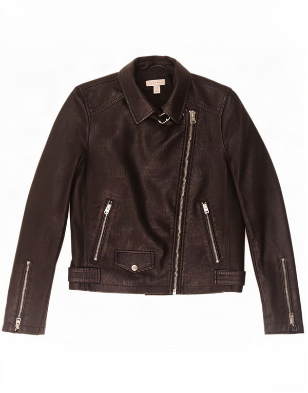 Topshop Dame imiteret læder Biker Jacket UK 8 Small Black Polyester