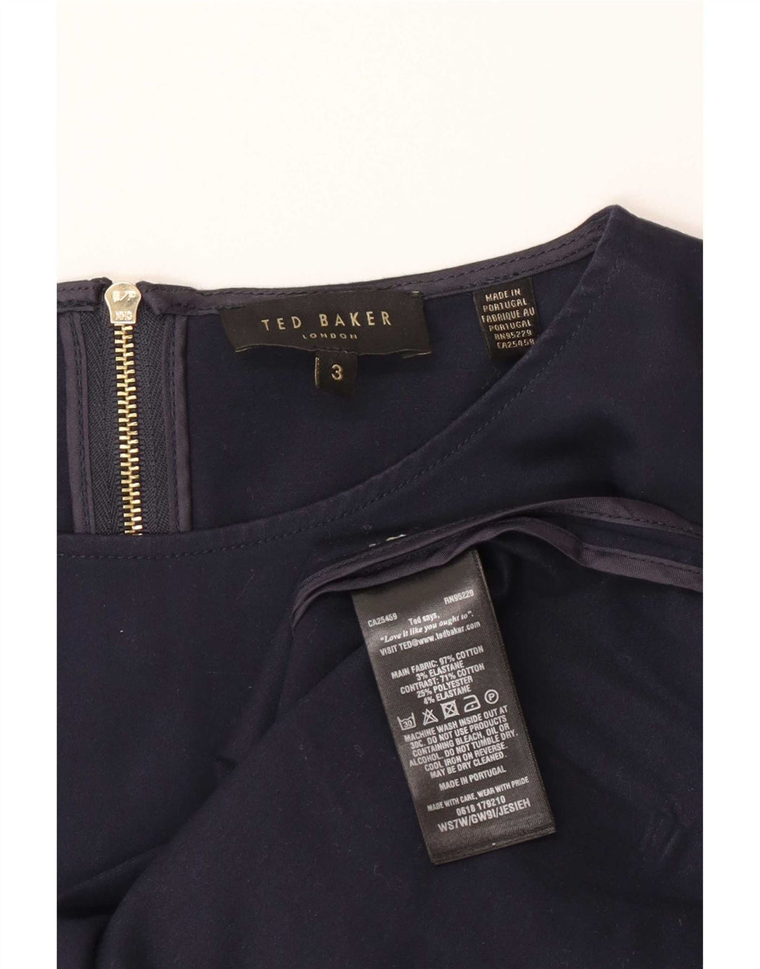 Ted Baker damebluse med 3/4 ærmer str. 3 Medium marineblå nålestribe