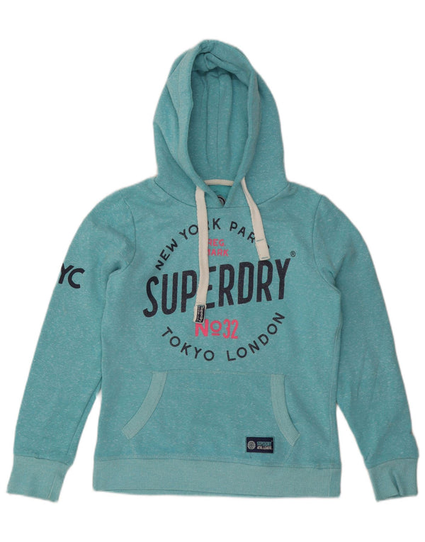 SUPERDRY Dame London Grafisk Hoodie Jumper UK 10 Small Blue Flecked