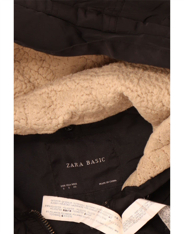 Zara Dame Hooded Parka Jacket UK 10 Small Black Polyester