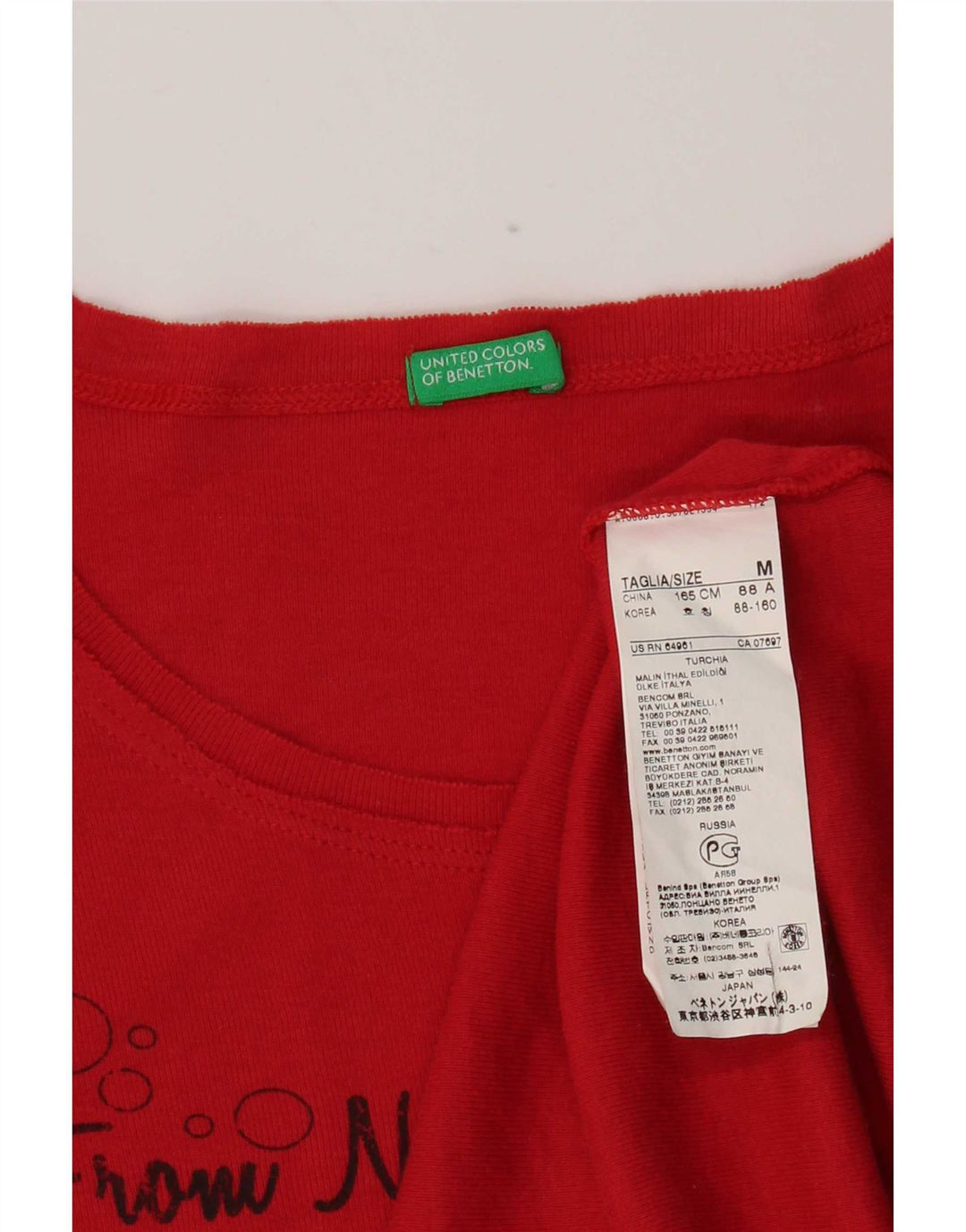 Benetton Dame Grafisk T-Shirt Top UK 14 Medium Rød Bomuld