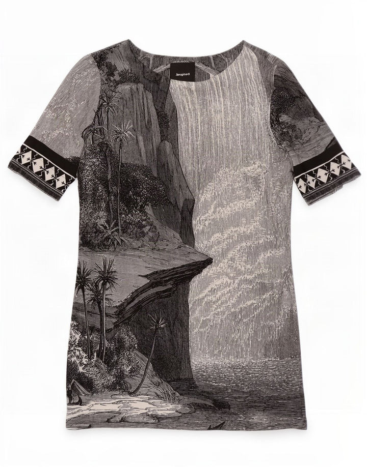 Desigual Dame Hawaiian Graphic Shift Kjole EU 38 Medium Grå Geometrisk