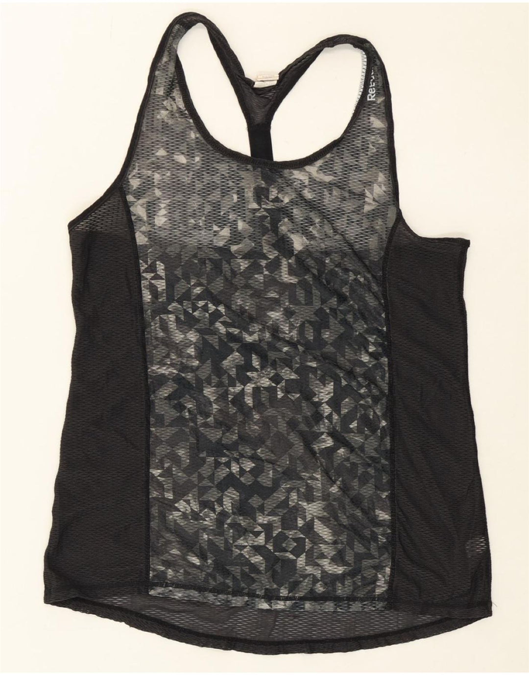 REEBOK Womens Vest Top UK 12 Medium Black Geometric Polyester Vintage Reebok and Second-Hand Reebok from Messina Hembry 