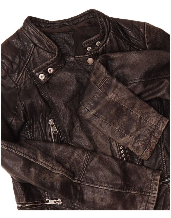 BERSHKA Womens Biker Leather Jacket UK 12 Medium Black Leather