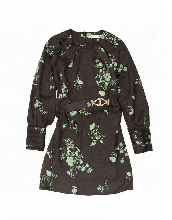 Zara Dame Langærmet A-Line Kjole UK 12 Medium Black Floral Polyester