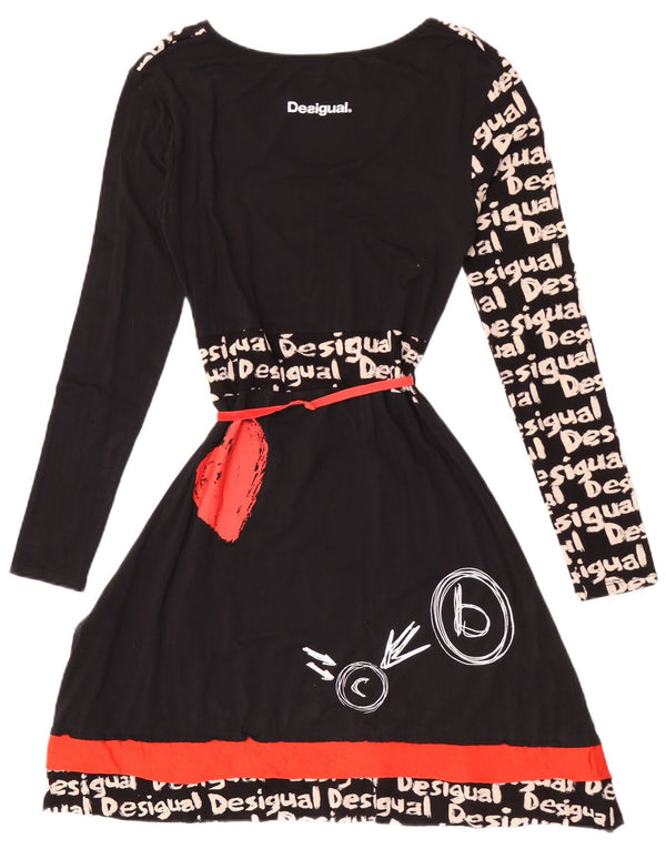Desigual Kvinders Grafisk Langærmet A-Line Kjole UK 12 Medium Sort Viscose