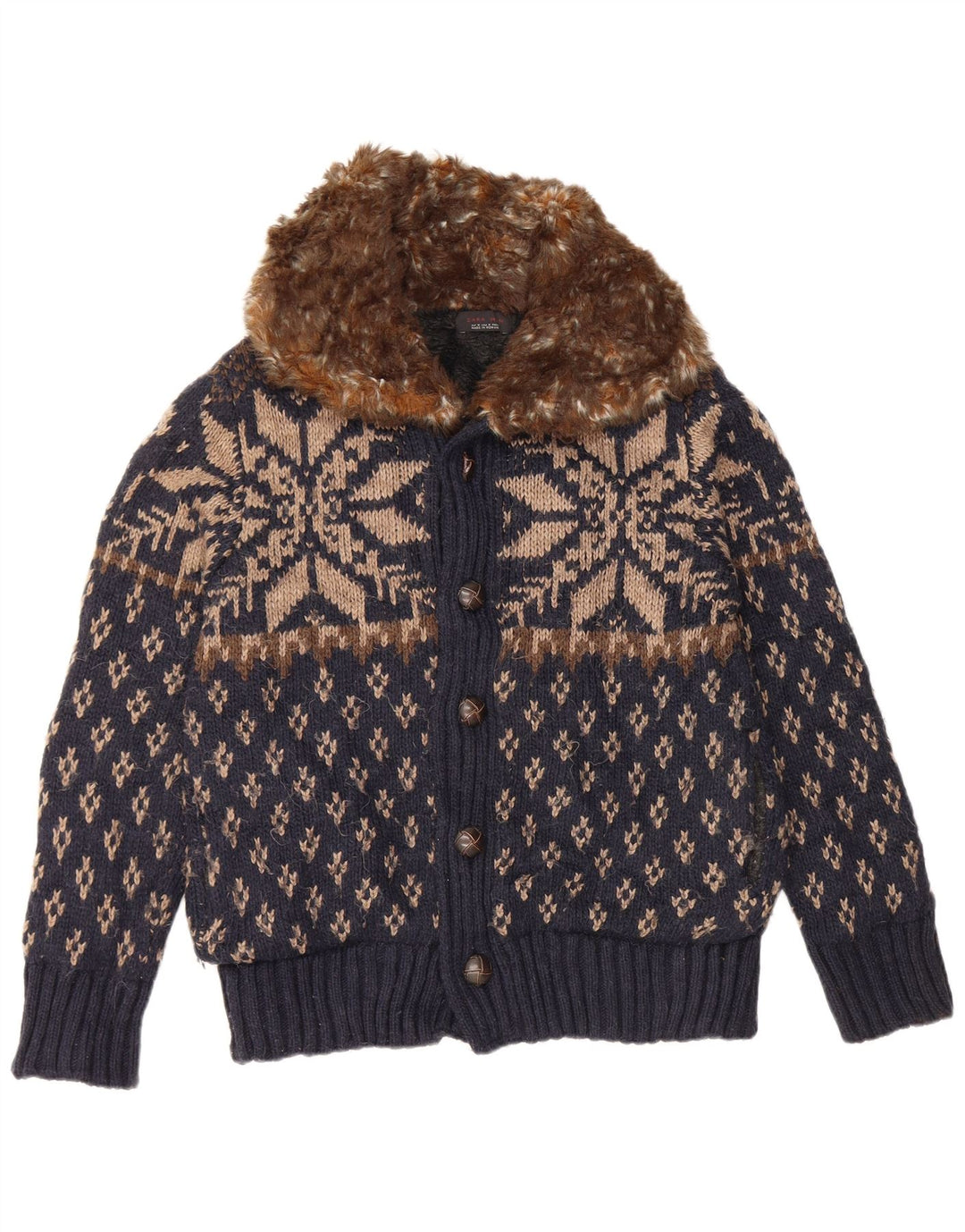 Zara Herre cardigan sweater Medium Navy Blue Fair Isle Akryl