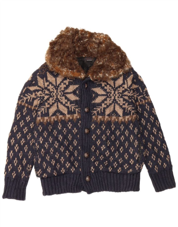 Zara Herre cardigan sweater Medium Navy Blue Fair Isle Akryl