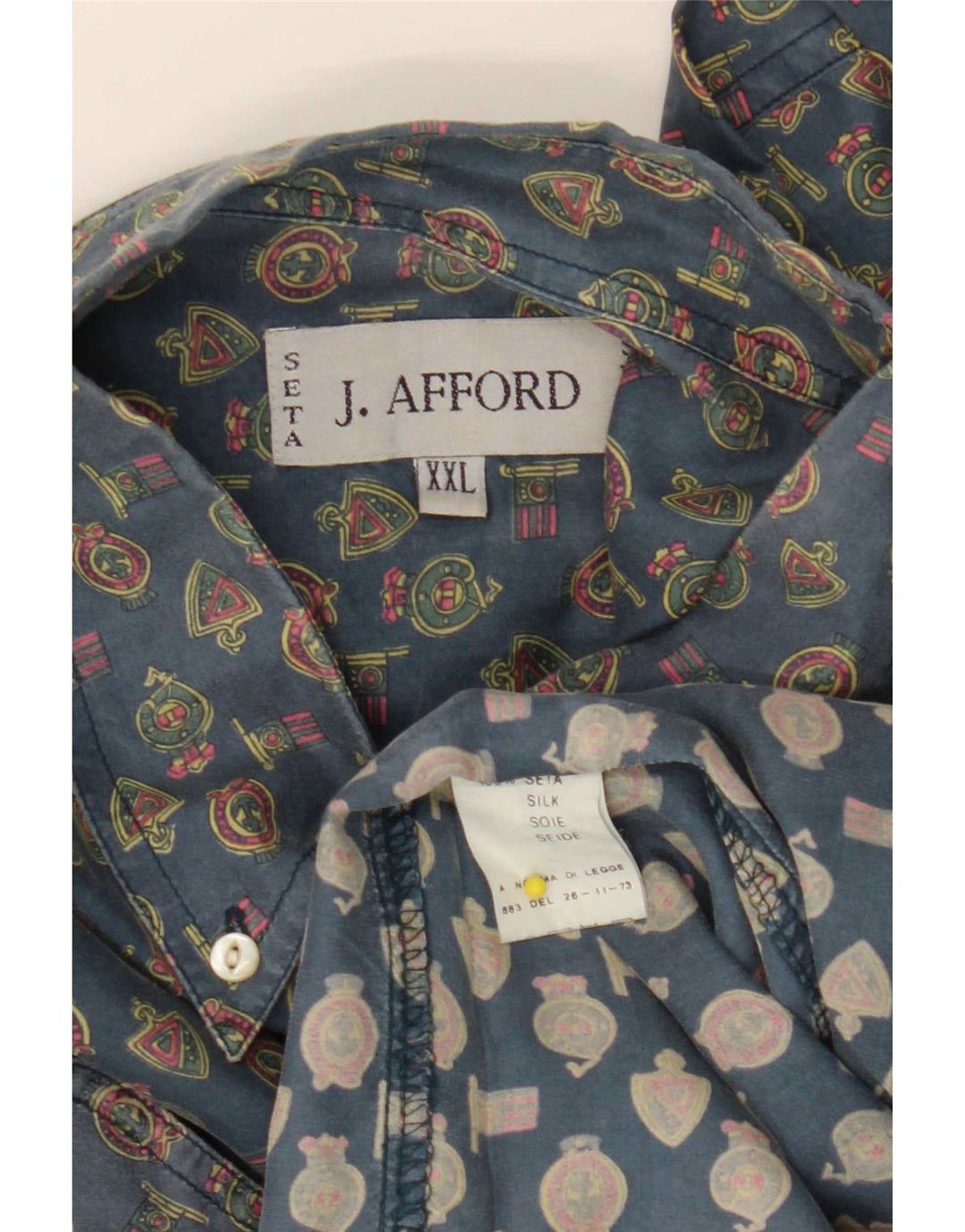 Vintage herre abstrakt mønster skjorte 2XL blå geometrisk silke