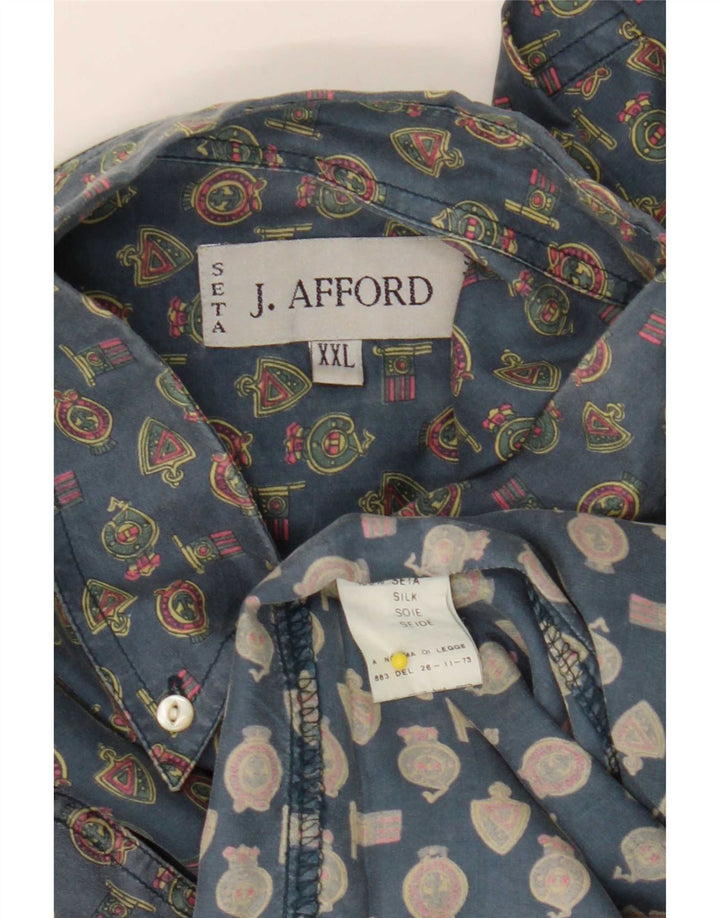 Vintage herre abstrakt mønster skjorte 2XL blå geometrisk silke