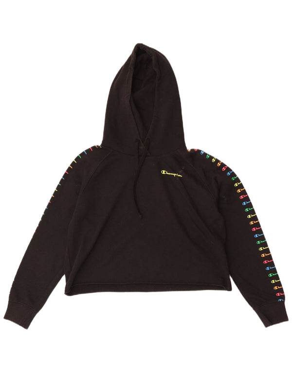 Champion Womens Crop Graphic Hoodie Jumper UK 10 Small Black Bomuld
