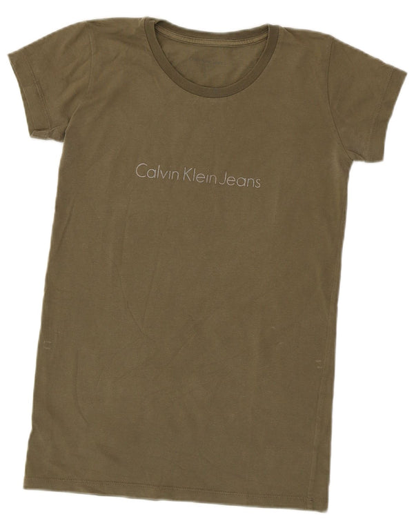 Calvin Klein Jeans Dame Grafisk T-Shirt Top UK 10 Small Khaki