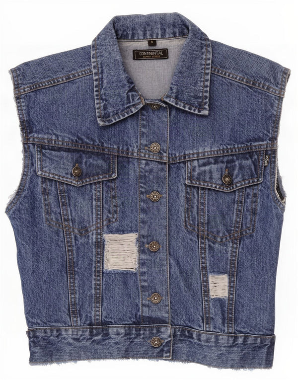 Vintage Dame Distressed Crop Denim Gilet UK 10 Small Blue Cotton