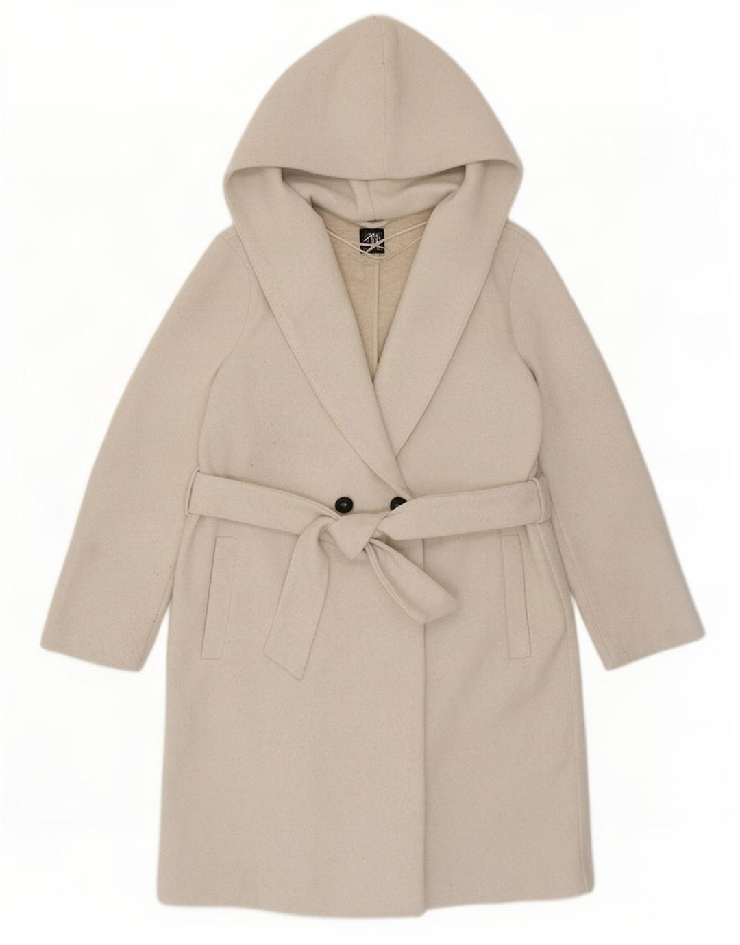 Zara Dame Hooded Oversized Dobbeltradet Frakke UK 10 Small Beige