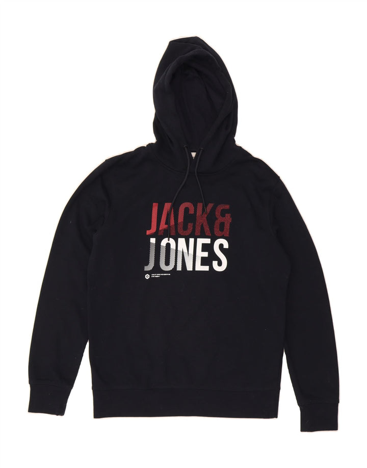 JACK & JONES Mens Graphic Hoodie Jumper Medium Navy Blue Polyester Vintage Jack & Jones and Second-Hand Jack & Jones from Messina Hembry 