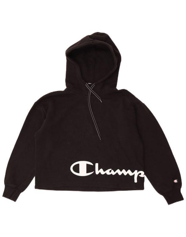 Champion Womens Crop Graphic Hoodie Jumper UK 14 Medium Black Bomuld