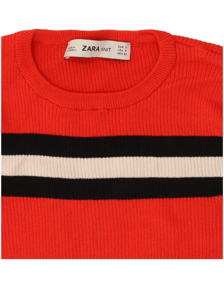 ZARA Dame Crop Crew Neck Jumper Sweater UK 8 Lille rød stribet