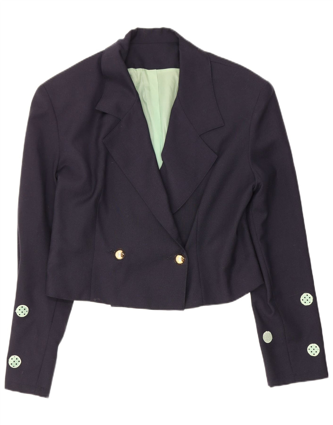 Vintage Dame Crop Blazer Jacket IT 42 Medium Navy Blue Polka Dot
