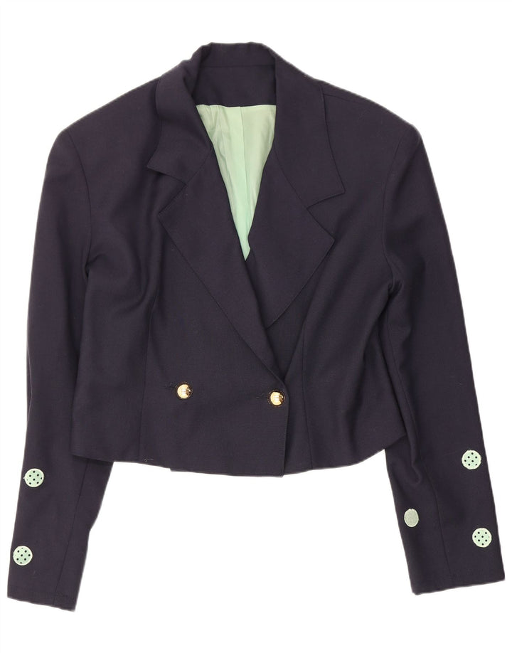 Vintage Dame Crop Blazer Jacket IT 42 Medium Navy Blue Polka Dot