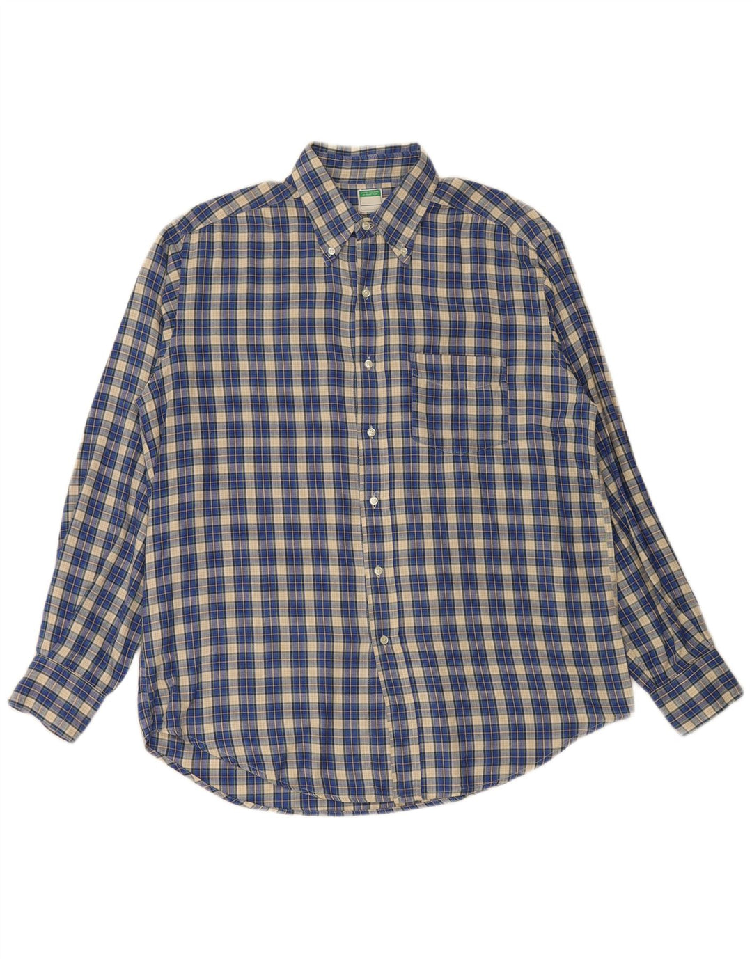 BENETTON Mens Flannel Shirt Medium Blue Check Cotton