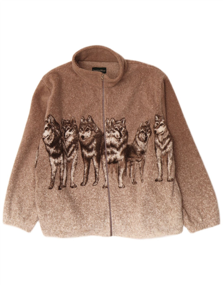 Vintage Herre Wolf Graphic Fleece Jakke UK 38 Medium Brown Flecked