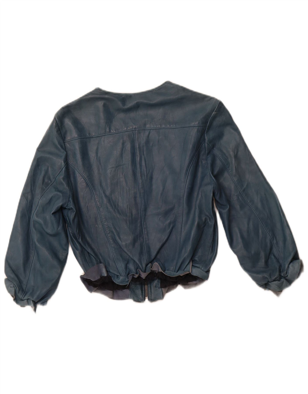 VINTAGE Dame Crop 3/4-ærmet læderjakke IT 44 Medium Blue Læder