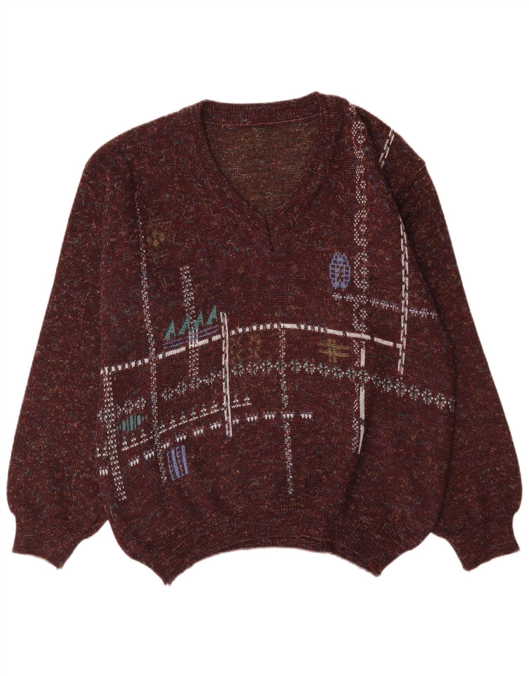 Vintage Herre V-hals sweater IT 48 Medium Brun Geometrisk Polyacryl