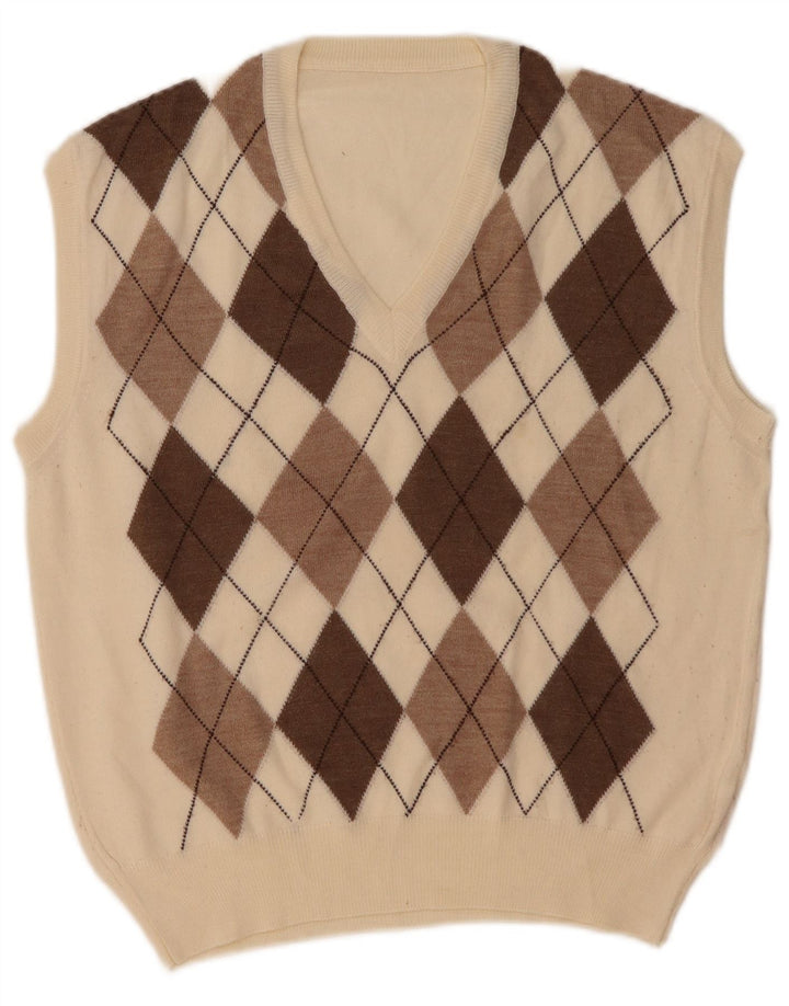 VINTAGE Herrevest Tank Top Medium White Argyle/Diamond Wool