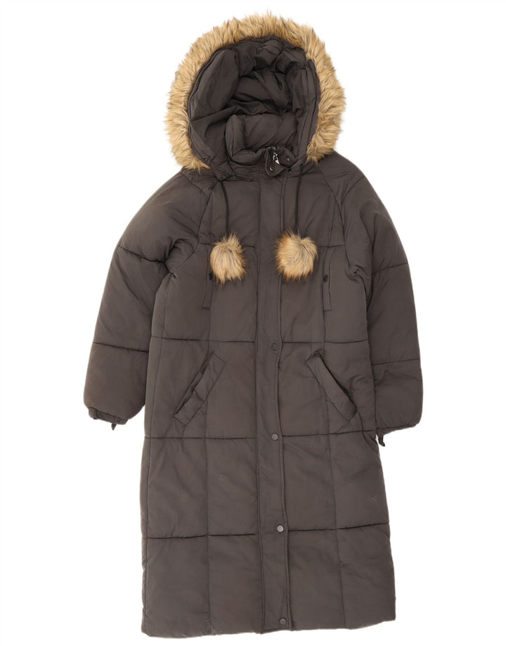 Zara Dame Hætte Oversized Polstret Frakke UK 6 XS Grå Polyester