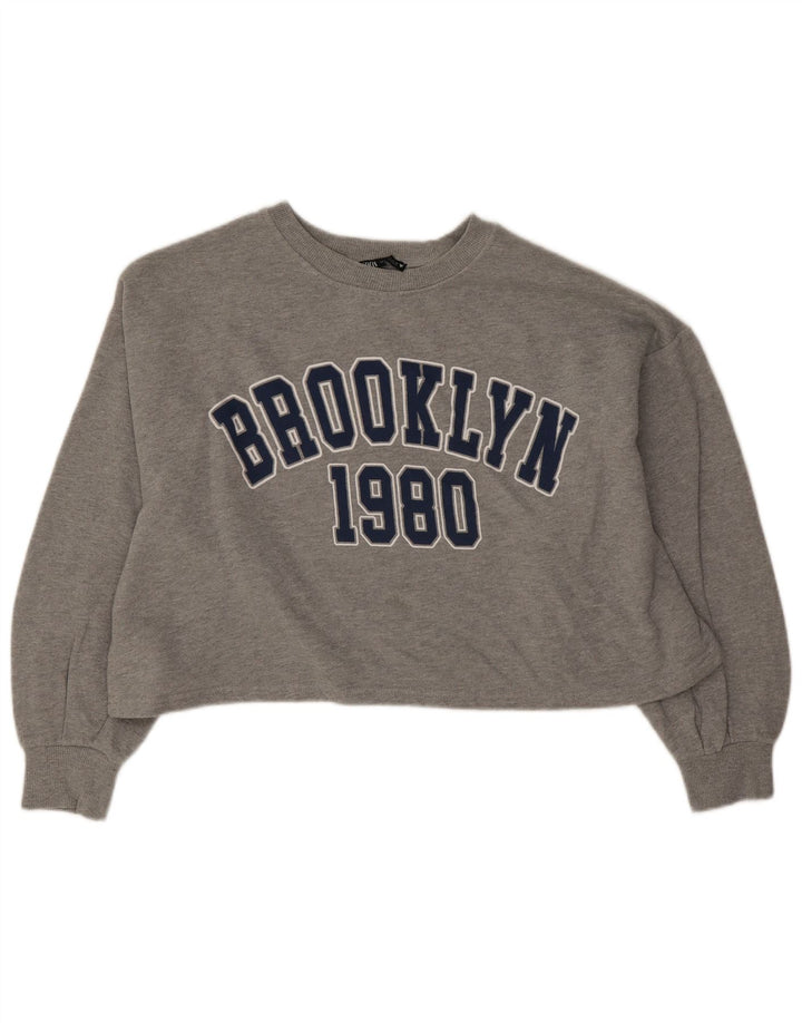 Zara Womens Crop Graphic Oversized Sweatshirt Jumper UK 16 Large Grey