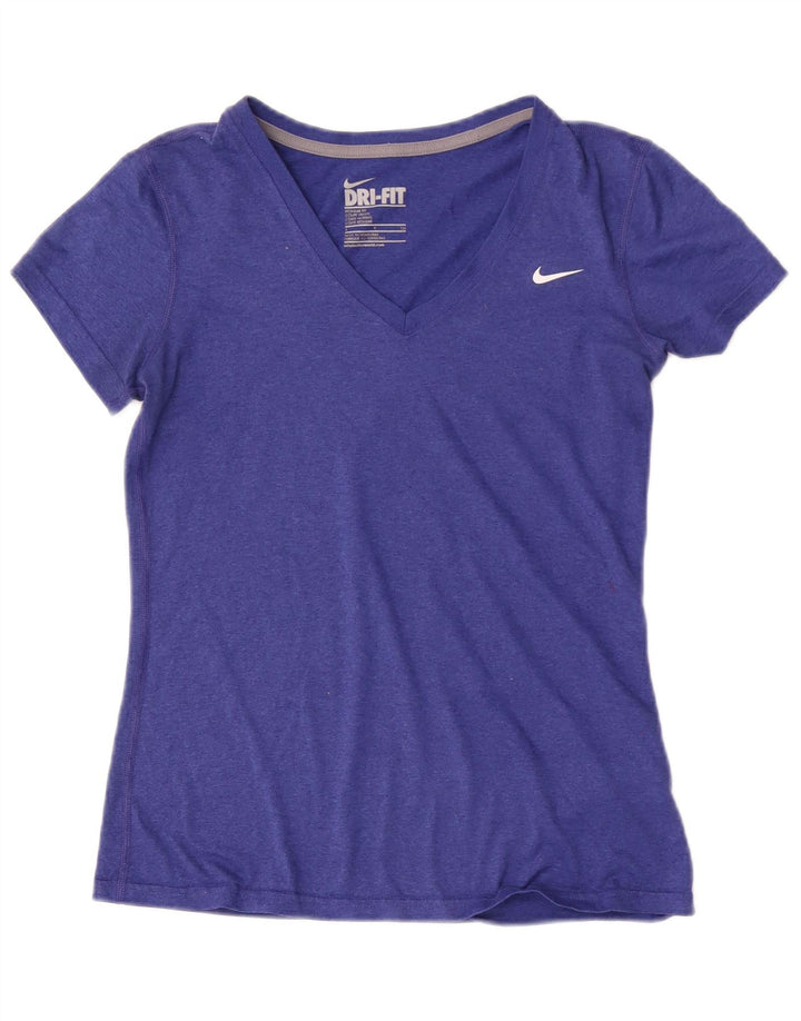 Nike Dame Dri Fit Regular Fit T-Shirt Top UK 10 Small Blue Polyester