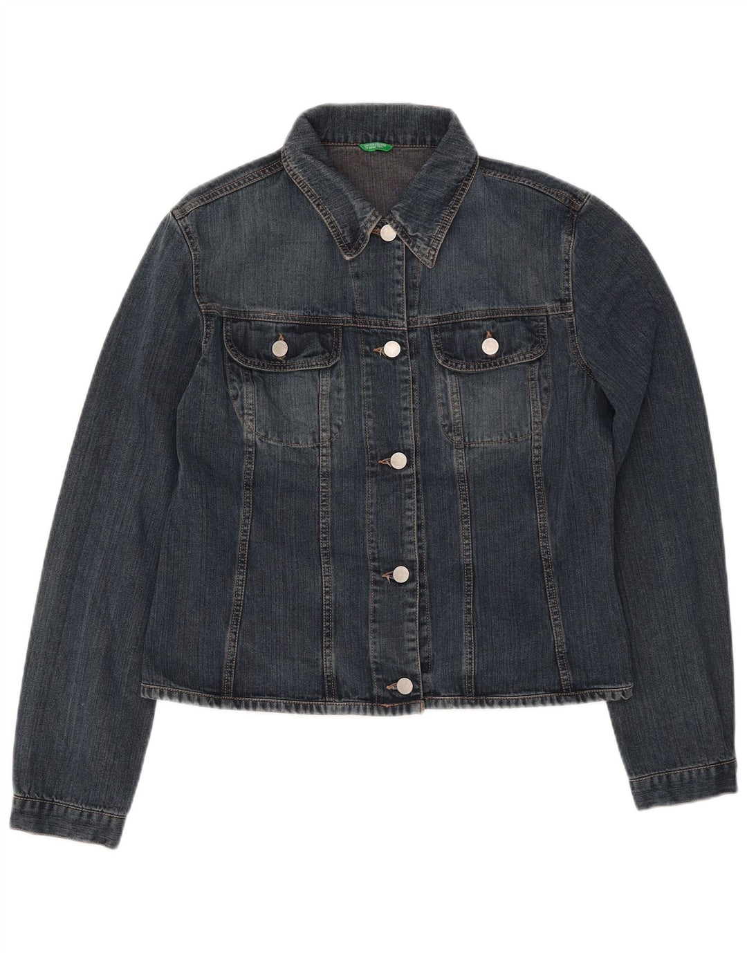 BENETTON Dame Crop Denim Jacket UK 16 Stor Blå Bomuld