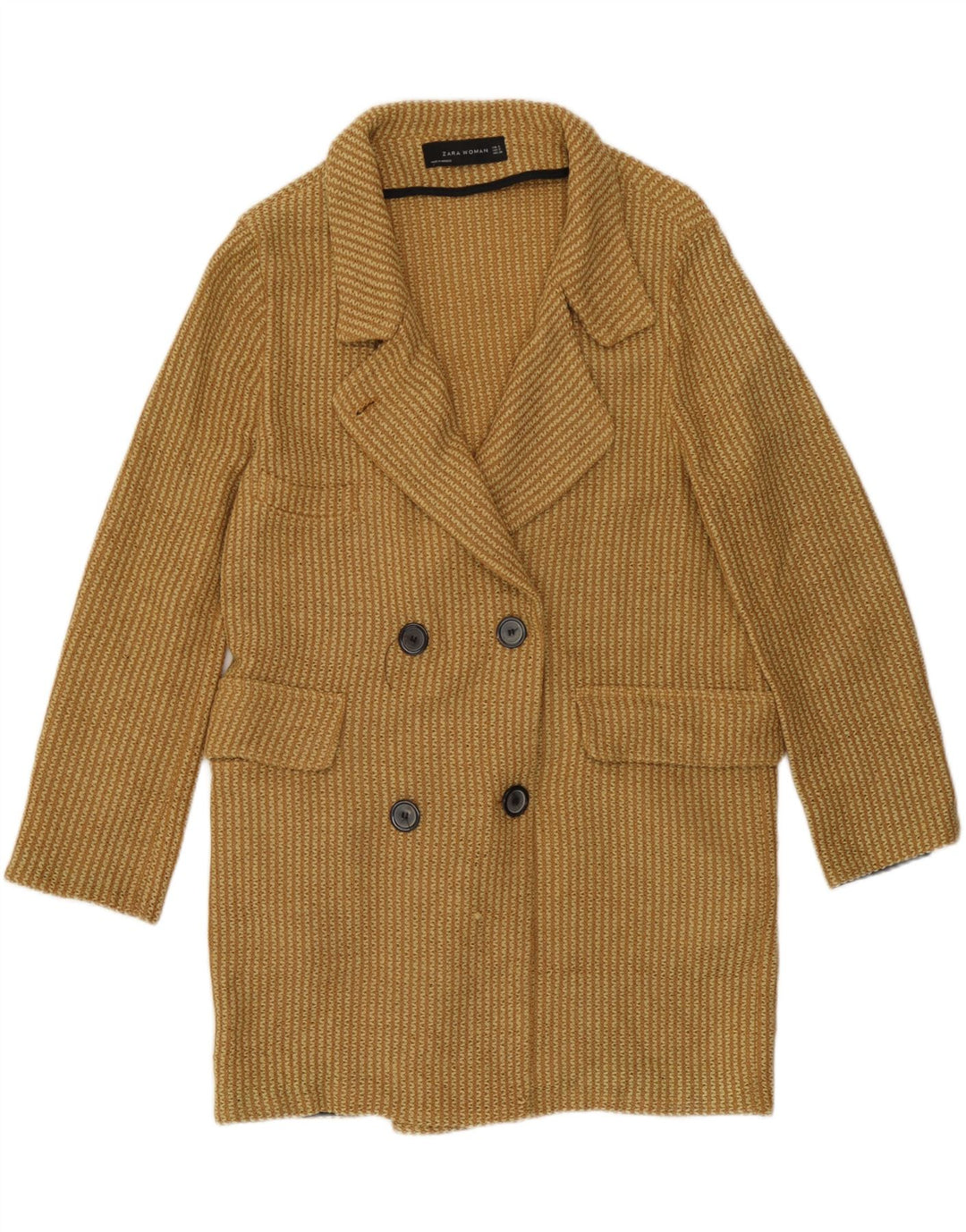 Zara Womens Knit Double Breasted Coat UK 10 Small Yellow Bomuld