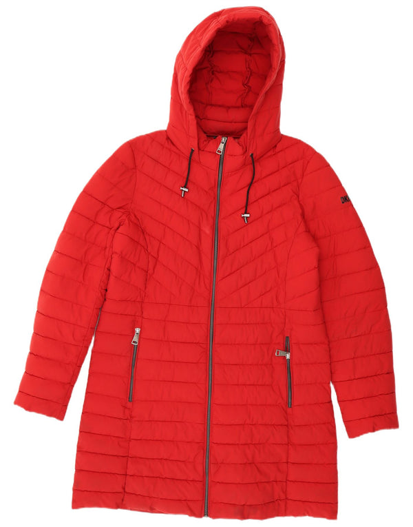 Dkny Dame Hætte Polstret Frakke UK 16 Stor Rød Polyester