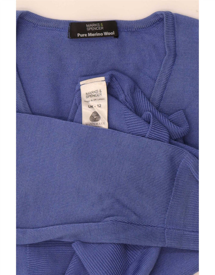 Marks & Spencer Dame V-hals sweater UK 12 Medium Blue Merino Wool