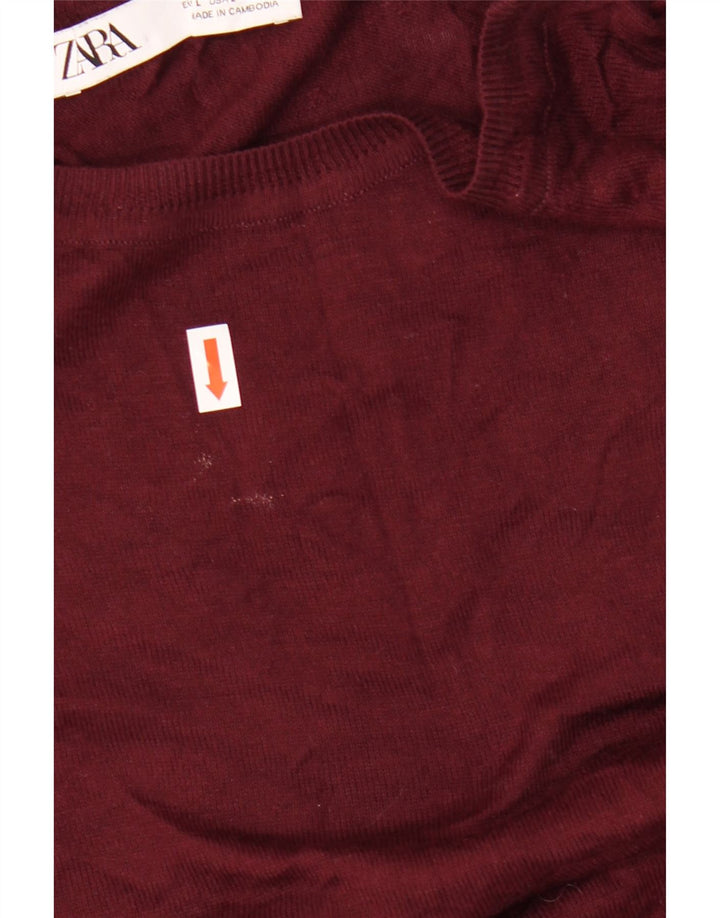 ZARA Womens Crop Boat Neck Jumper Sweater UK 16 Large Burgundy Viscose