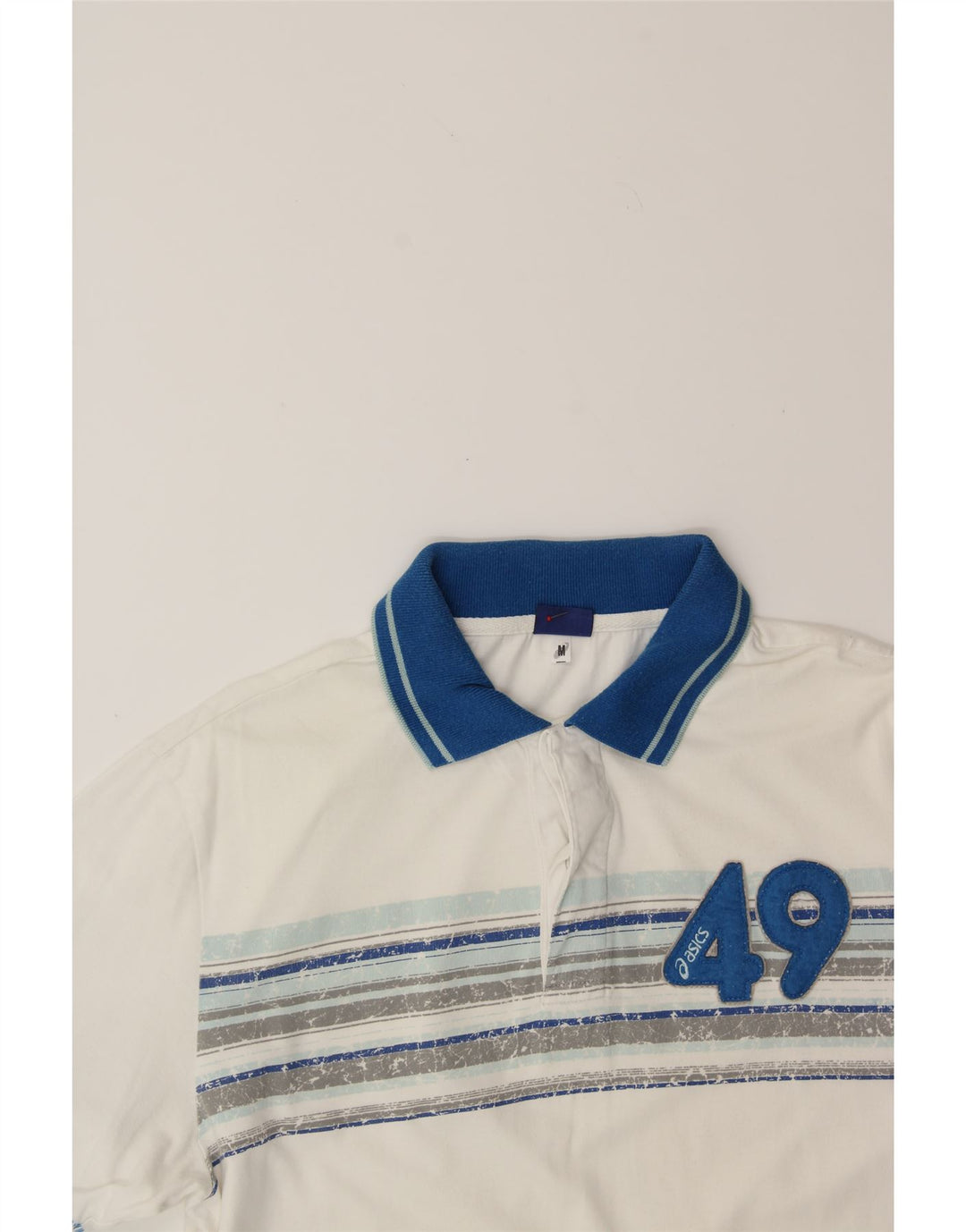 ASICS Mens Polo Shirt Medium White Striped Cotton Vintage Asics and Second-Hand Asics from Messina Hembry 