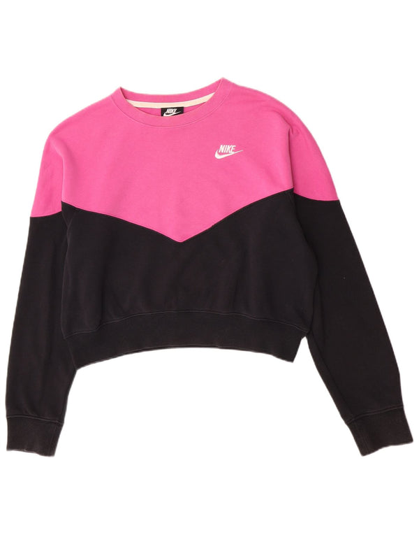 Nike Womens Crop Sweatshirt Jumper UK 16 Large Pink Colourblock Bomuld