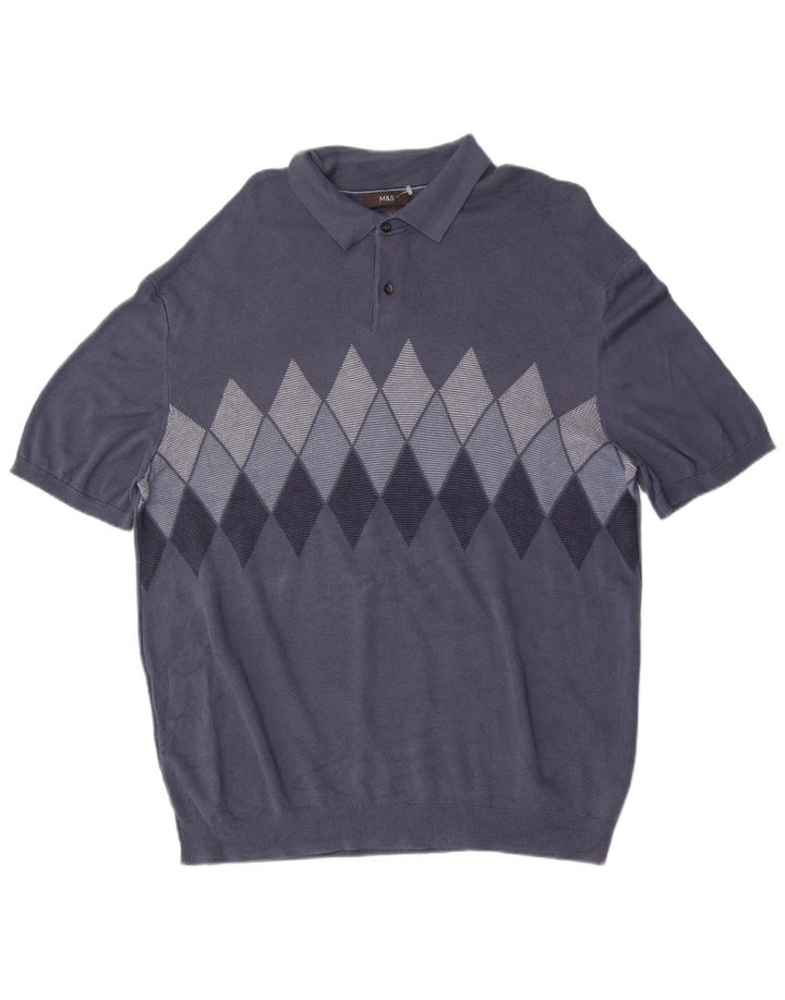 Marks & Spencer Herre Polo Neck Jumper Sweater 2XL Blå Argyle/Diamond