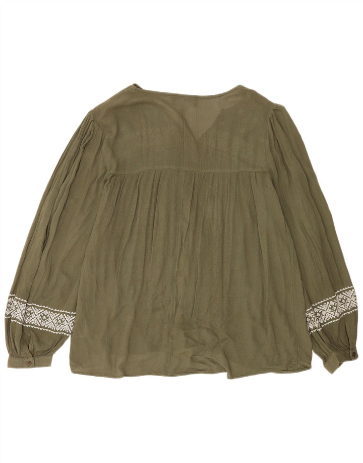 Marks & Spencer Dame Langærmet Bluse Top UK 12 Medium Khaki Geometric