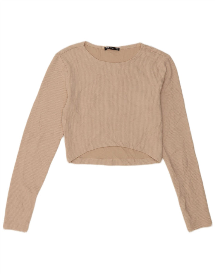 Zara Womens Crop Top Langærmet UK 14 Stor Beige Polyester
